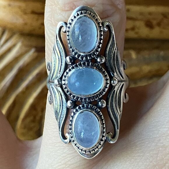 Genuine Aquamarine Sterling Silver Ring Size 7.25 - Picture 1 of 10